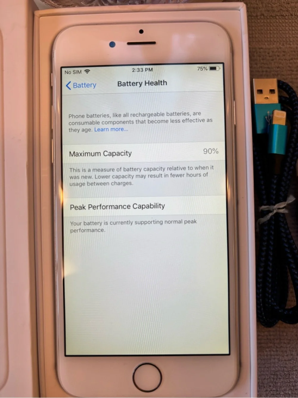 Apple iPhone6 64GB White with Blue Braided Charging Cable and White Earbuds